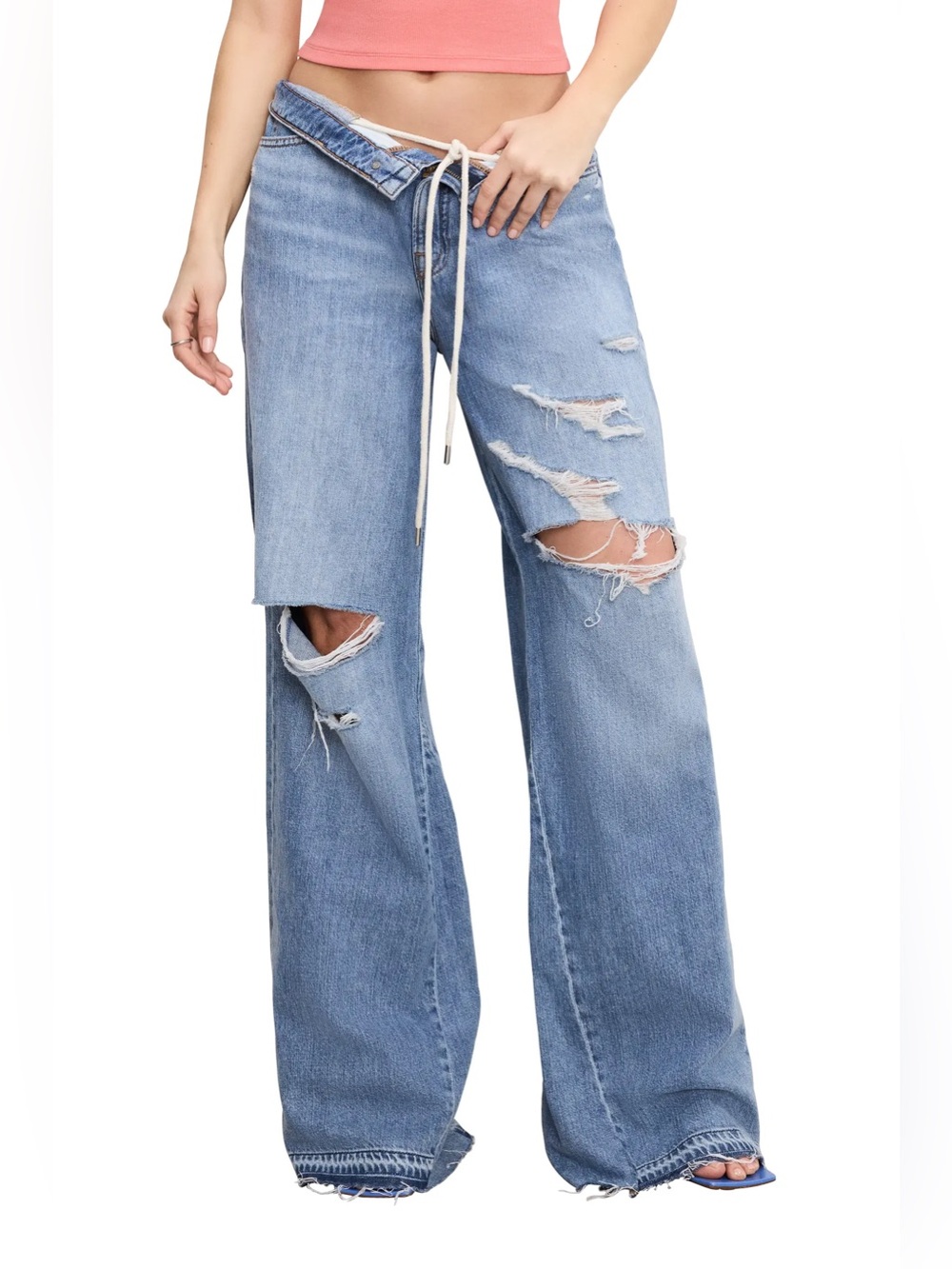 Good American Good Standard Ease Ripped Mid Rise Wide Leg Jeans Size 15 Plus